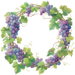 Watercolor wreath of ripe grapes and lush green vines painting element for fruit season food art