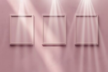 Three empty square frames in a vertical line on a pastel pink wall, each frame softly lit by a spotlight, creating a serene and elegant look