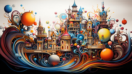 Colourful illustration of a castle with balloons, showcasing a whimsical and vibrant scene.