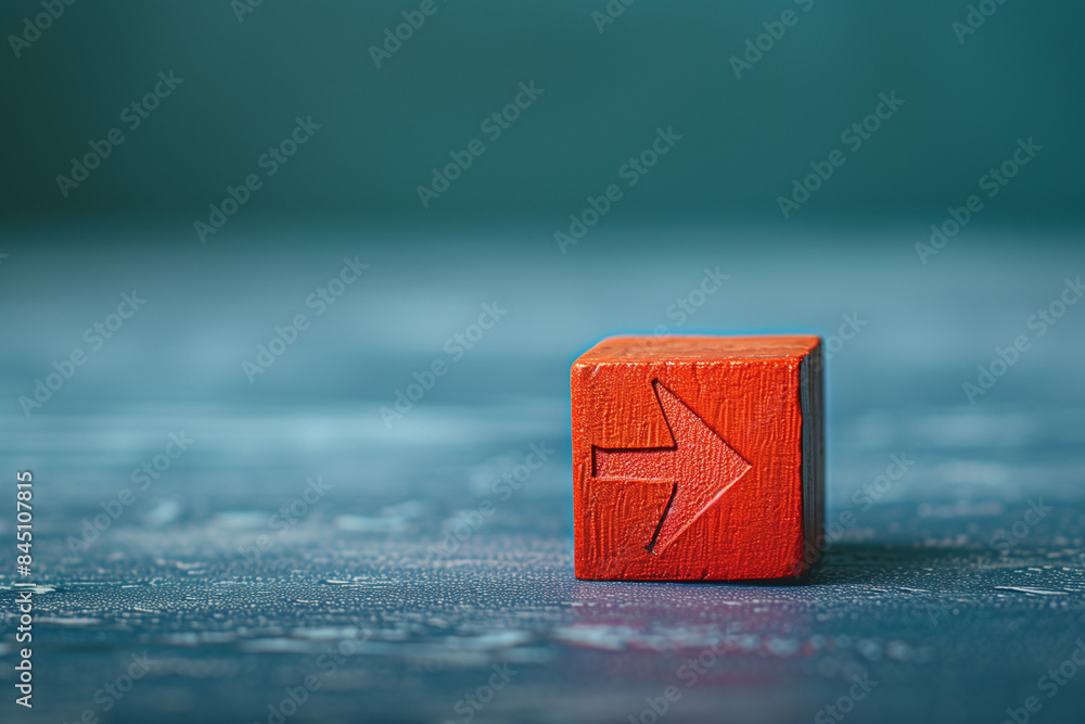 Poster red wooden block with arrow facing individual pointing in the different way on blue background, busi