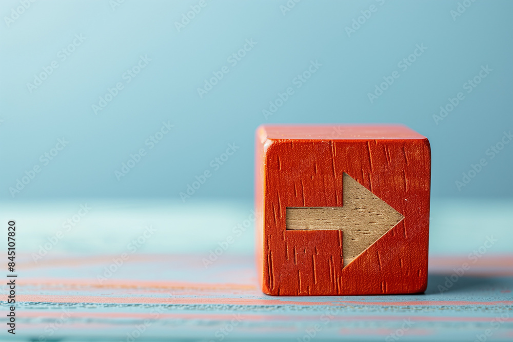 Poster red wooden block with arrow facing individual pointing in the different way on blue background, busi