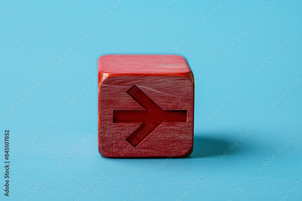 Poster red wooden block with arrow facing individual pointing in the different way on blue background, busi