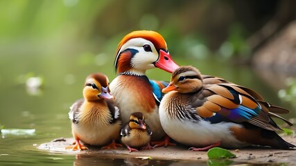 A Mandarin Duck with her cub, mother love and care in wildlife scene