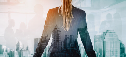 Double Exposure Image of Business Person on modern city background. Future business and...