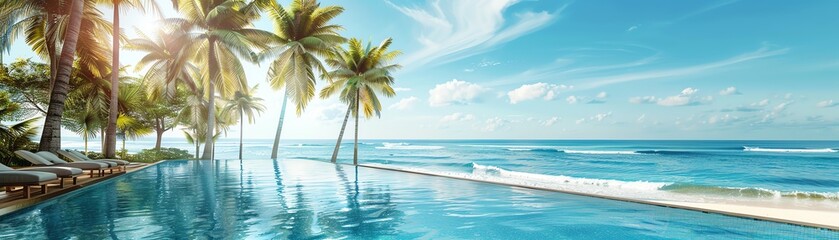 Panoramic view of the amazing tropical beach with white sand and palm trees with turquoise clear sea.