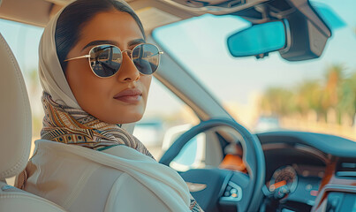 Stylish businesswoman wearing sunglasses and hijab driving a car