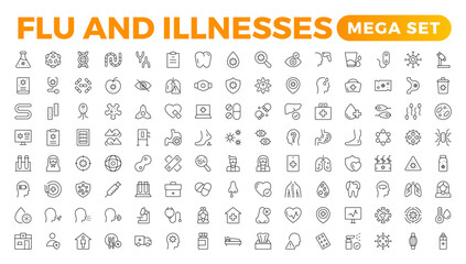 Fototapeta premium Set of Flu and Illnesses line icons. Collection of linear icons such as hygiene, disinfection, symptoms, treatment, virus, prevention, cancer, coronavirus, mental illnesses, and more.