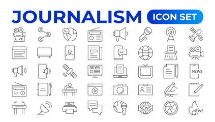 Set of Journalism icons. Containing journalist, news, newspaper and radio. Solid icons collection. Outline News symbol collection.