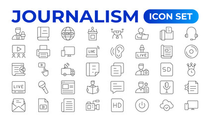 Set of Journalism icons. Containing journalist, news, newspaper and radio. Solid icons collection. Outline News symbol collection.