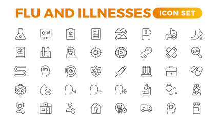 Set of Flu and Illnesses line icons. Collection of linear icons such as hygiene, disinfection, symptoms, treatment, virus, prevention, cancer, coronavirus, mental illnesses, and more.