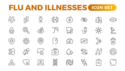 Set of Flu and Illnesses line icons. Collection of linear icons such as hygiene, disinfection, symptoms, treatment, virus, prevention, cancer, coronavirus, mental illnesses, and more.