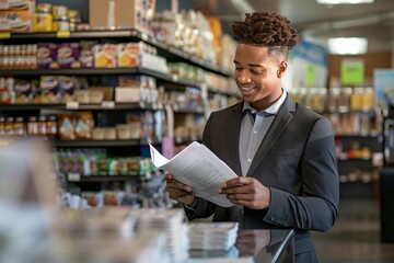 Fototapeta premium a lifestyle stock photography of A person in professional attire reviewing paperwork, smiling confidently. Modern office with franchise logos on walls, shelves of food products. Medium shot,