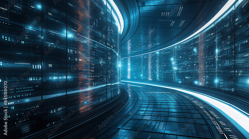 Poster futuristic data center interior with glowing server racks and illuminated corridor: high-tech cloud 