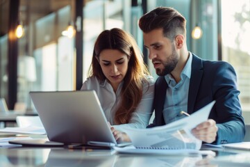 A happy young business woman and male colleagues are working together on laptops in the office, looking at documents. Concept photo, about the passion of a human resources team