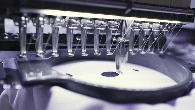 A detailed image of an industrial embroidery machine sewing fabric with precision