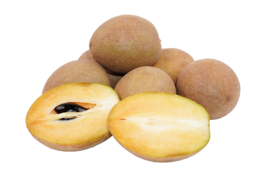 a group of sapodilla fruit and some cuts isolated transparent