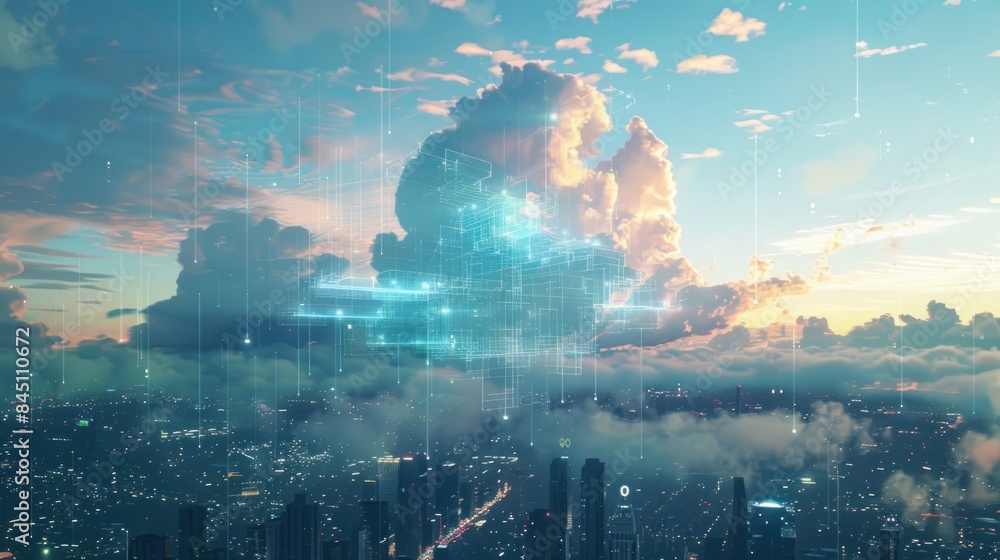 Poster amazing image of cloud computing and digital data transfer with computing networks with a virtualiza