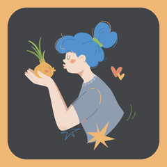 Woman holds a onion. Fan of vegetables and onions. Cute characters kissing. Vegetarian loves healthy natural fresh onion. Vector Illustration