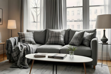 Fototapeta premium Grey sofa with cozy pillows, plaid and lamp near window in light living room