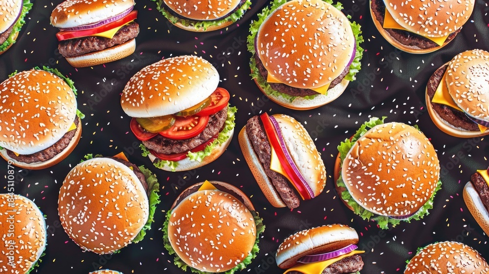 Poster a vibrant and delicious array of colorful burgers adorns a seamless pattern set against a dark backg