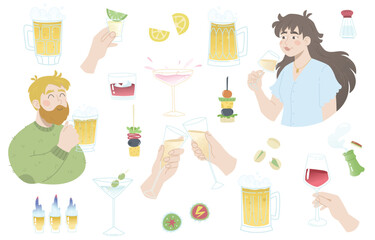 Drinks for a holiday, festival, meeting, day off, weekend, picnic. A set of glasses and mugs with alcoholic binge. People drinking beverages to relax. Objects from a brasserie.