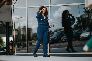 Confident businesswoman in blue suit talking on phone outside a modern building, holding papers. Reflection on glass wall. Professional and urban lifestyle concept.