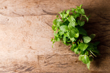 Fresh organic mint on rustic wooden background. Selective focus.