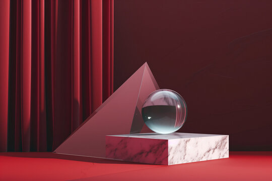 pyramid and glass ball on a red background stock photo. minimalist geometric abstraction with dark maroon tones and chromatic sculptural slabs. hyperrealistic rendering captures the essence of minimal - Powered by Adobe