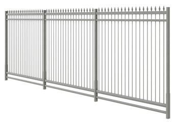 Modern Security Barrier: 3D Render. 3D illustration showcases a modern, heavy-duty security fence with sharp-pointed Corten steel pickets, featuring a galvanized undercoat and a powder-coated finish. 