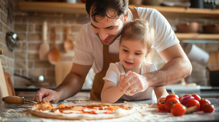Daddy and child make homemade pizza together