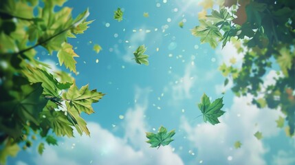 空を舞う緑の葉っぱ