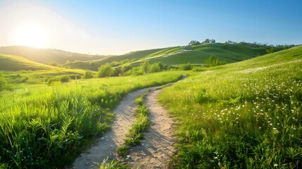 Obraz premium A dirt road winds through a lush green field