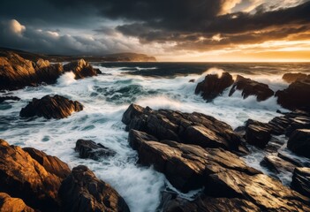 Fototapeta premium dramatic rocky coastline crashing waves seashore, rocks, ocean, beach, water, nature, scenery, cliffs, rugged, picturesque, landscape, horizon, boulders