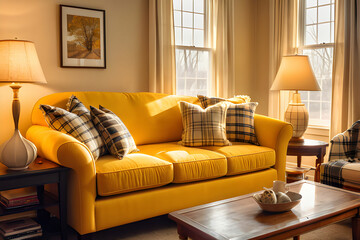 Yellow sofa with cozy pillows, plaid and lamp near window in light living room