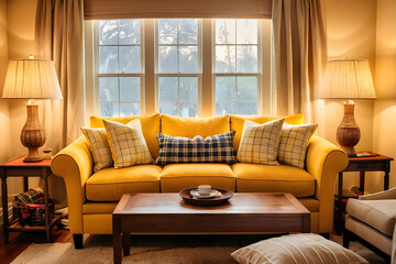 Fototapeta premium Yellow sofa with cozy pillows, plaid and lamp near window in light living room