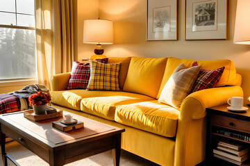 Yellow sofa with cozy pillows, plaid and lamp near window in light living room