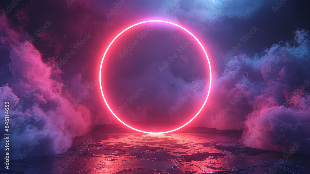 Poster abstract background. technology background. colorful neon light ring on dark background with fog and