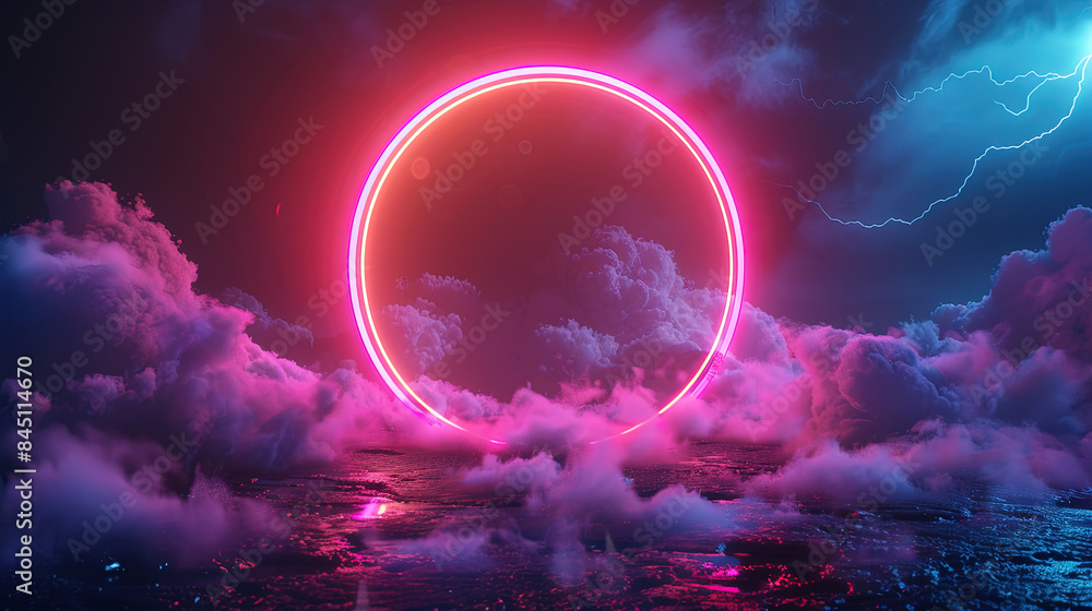 Poster abstract background. technology background. colorful neon light ring on dark background with fog and