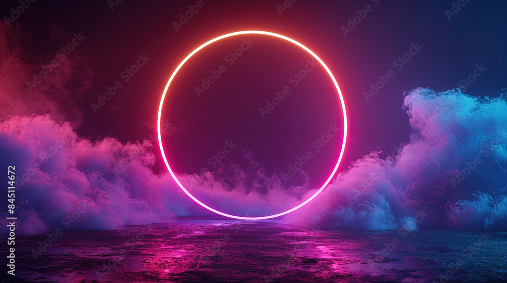 Poster abstract background. technology background. colorful neon light ring on dark background with fog and