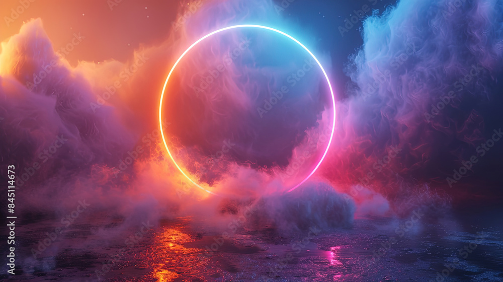 Poster abstract background. technology background. colorful neon light ring on dark background with fog and