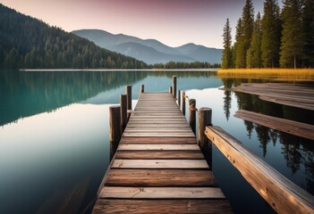 Naklejka premium serene lake weathered wooden pier extending into tranquil waters, old, calm, view, stretching, waterside, peaceful, vintage, dock, rustic, aged, quiet, still