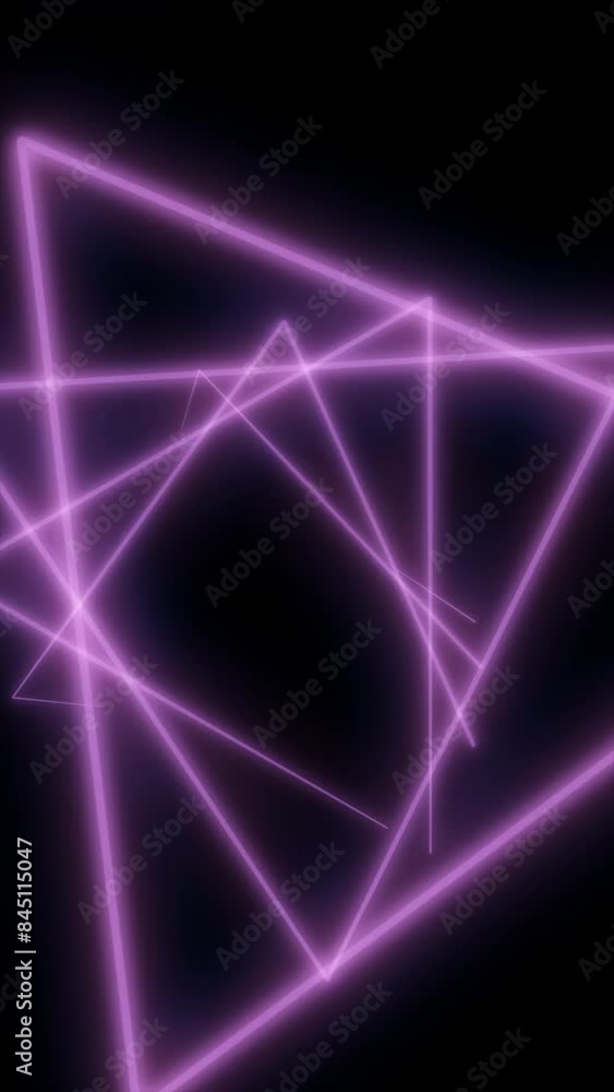 Poster abstract neon triangular tunnel background. media. flying through triangular corridor on a black bac