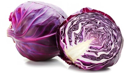 Fototapeta premium Isolated on a white background with a clipping path, a whole red cabbage and half, Generative AI.