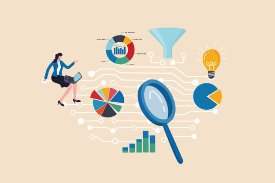 Business intelligence data analysis for business insight, database or statistics, marketing technology or data funnel or indicator concept, businesswoman work with data analysis and magnifying glass.