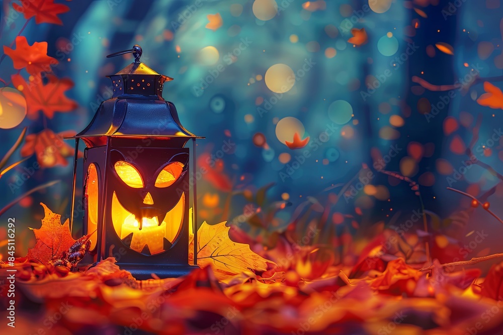 Poster Jolly Halloween lantern and autumn leaves background