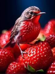 Obraz premium cute little bird on a strawberry,design photo illustration