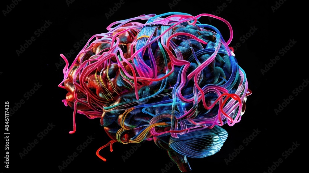 Poster amazing image abstract brain covered with colorful wires.ai generated image