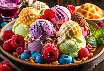 colorful ice cream sundae assorted scoops toppings waffle sweet dessert treat, flavors, creamy, delicious, frozen, cone, multiple, tasty, indulgent, refreshing