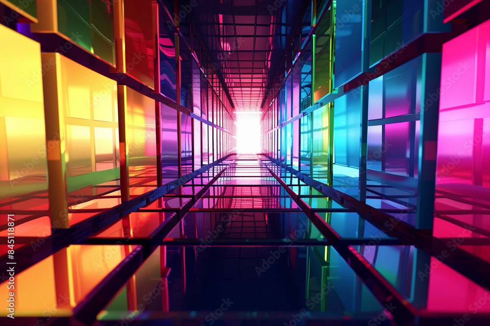 Poster bright mosaics in animation.design.multi - colored squares in 3d format that are made as corridors a