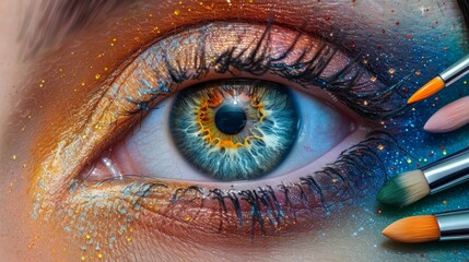 Close-up of a blue eye with colorful makeup, surrounded by paintbrushes. Artistic and creative concept.